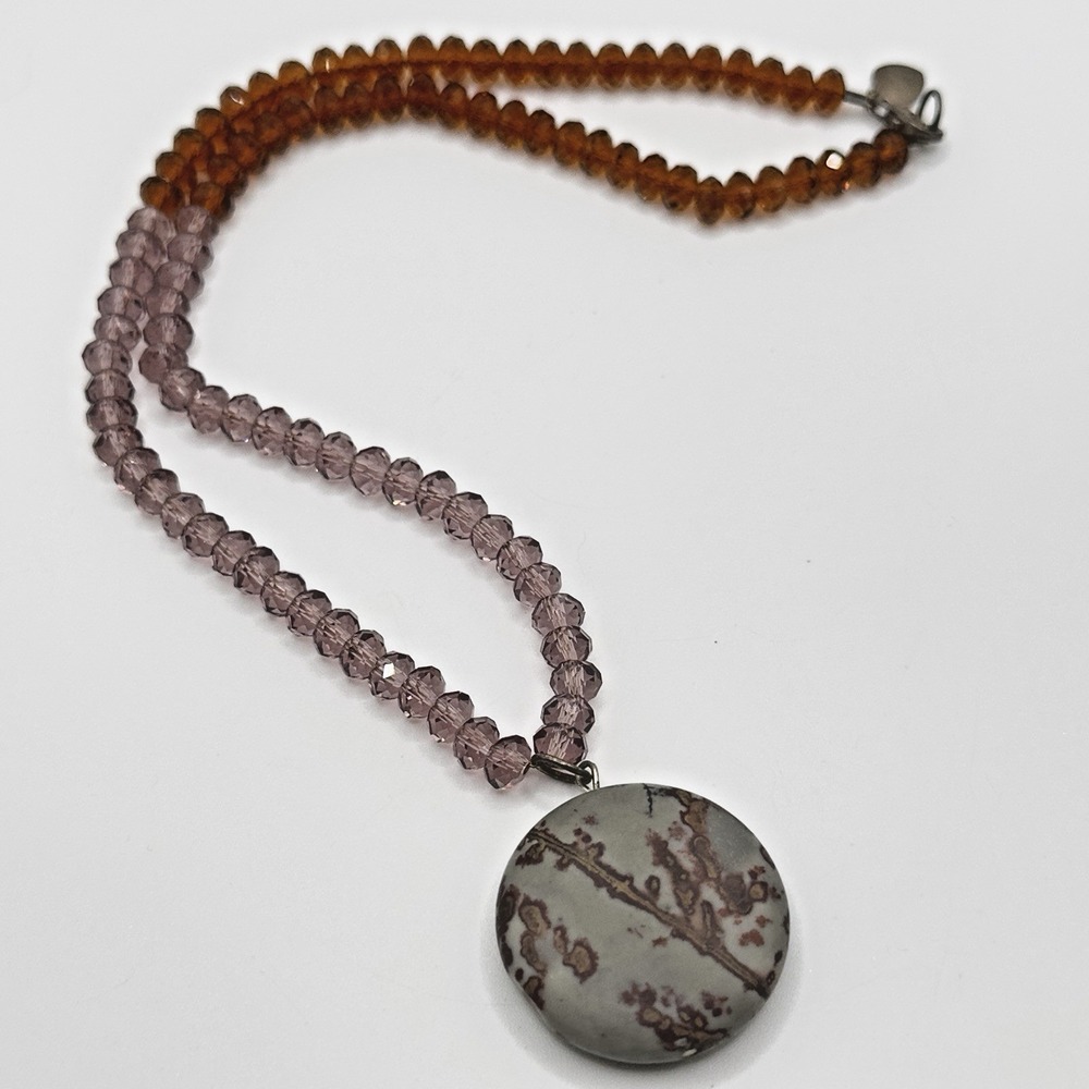 Artisan Necklace Jasper Pendant Faceted Golden & Purple Crystal Bead 925 16" JML